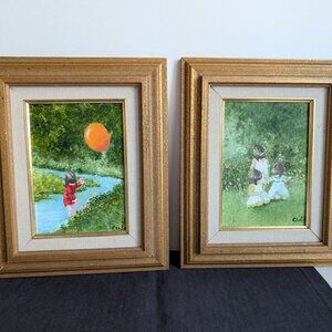 2 Phyllis Cubb Impressionist Oil Painting of Children in Gilt Wood Frames Signed